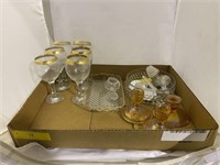 Box with wine glasses, candle stick holders.