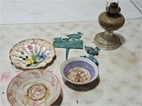 old lamp, duck collectibles & old plates