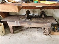 Antique Grinder with Wooden Stand with Iron Wheels