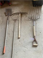 VNTG Farm Tools; Pitchfork, Pick Axe, Shovel