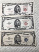 $5 Bills: Silver Certificate & 2 Red Seal