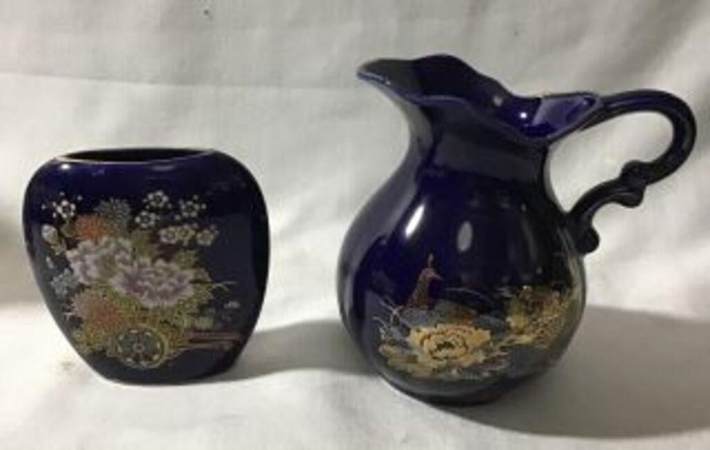 Asian Themed Vase & Pitcher -beautiful blue!