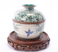 Hand Painted Asian Lidded Vessel on Wooden Stand