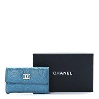 Chanel Blue Lambskin Camellia Embossed Flap Wallet