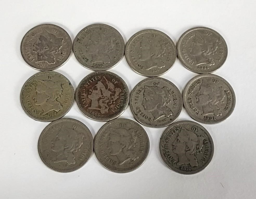 (11) Pieces 3 Cent Nickel  Cull-G