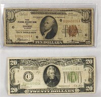 $10 N.C. FRB Chicago  VG; $20 FRN 1928-B  F