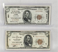 (2) $5 National Currency York National Bank and