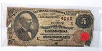 $5 National Currency Brown Back F.N.B. Catawissa