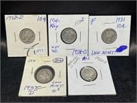 LOT OF 5 SILVER MERCURY DIMES