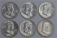 6 - Franklin Half Dollars 1954-S to 1958