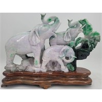 Chinese Carved Jade Statue of Elephants on Wood S