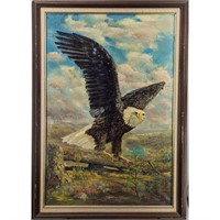 Large Oil On Canvas Eagle And Landscape Painting,