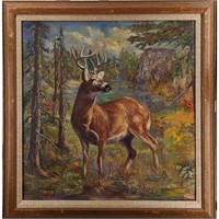 Large Oil On Canvas Deer And Landscape Painting,