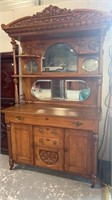 Large Oak Carved Sideboard with Mirrored Top