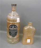 2 Marigold Carnival Glass Wine and Whiskey Bottles