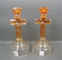 Two Imperial Dk Marigold Crucifix Candlesticks