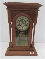 Vintage wood clock with pendulum, key. Measures: