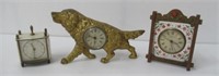 (3) Vintage clocks. Dog measures: 5" Tall.