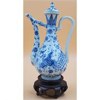 Vintage Signed Chinese Blue and White Ewer with P