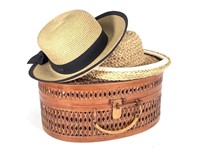 Vtg Woven Latching Basket & 2 Woven Hats