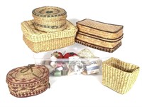 5 Lidded Woven Baskets w/ Sewing Supplies