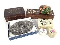 Vtg Stone / Wood Inlaid Boxes, Mirror & More