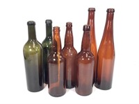 7 Vtg Amber & Green Glass Bottles