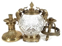 Brass & Cut Crystal Bowl & Brass Candlesticks