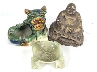 Happy Buddha, Pottery Dragon Dish & Stone Ashtray