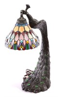 ART DECO PEACOCK STAINED GLASS LAMP W/ JEWELS