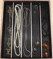 (5) Necklaces Lot: Sterling Chain, Pearl Strand +