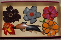 Brooch Lot: Colorful Flowers + Wooden Dolphins