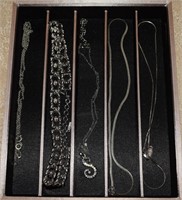 (5) Necklaces Lot: (2) Sterling Chains, Monet +