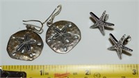 925 Sterling Silver Sand Dollar &Starfish Earrings