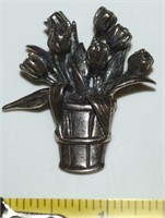 925 Sterling Silver Hand & Hammer Tulips Brooch
