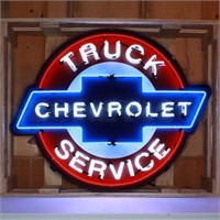 CHEVY TRUCK SERVICE NEON SIGN IN SHAPED STEEL CAN