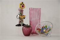 Murano Glass Clown, Candy Glass & Cranberry Glass