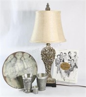 Signed Artisian Pottery Plate, Table Lamp,Pewter