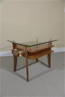 Unique Glass & Wood Side Table w Double Drawer