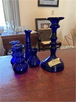 Cobalt blue candlestick and vases