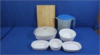 Corningware Serving Dishes, Cutting Board, Water
