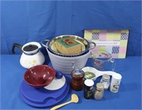 Corningware Teapot, Strainer, Mixing Bowls, S&P