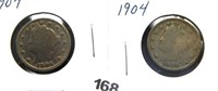(2) 1904 Liberty Nickels.