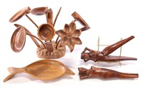 MCM Wood Flower Sculpture Fish Bowl & Lady Tongs