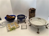 Staffordshire handled blue bowl and more