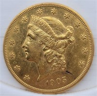1905 $20 Liberty Eagle Gold Coin - AU