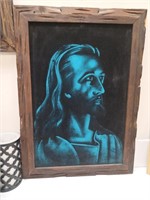 Wooden framed velvet blue Jesus: approx 21 1/2 x