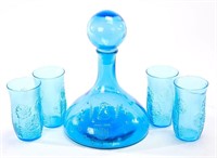 MCM Blue Glass Decanter & 4 Tumblers Set