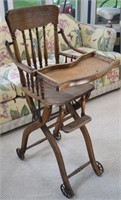 Victorian Oak Folding High Chair Stroller w/Wheels
