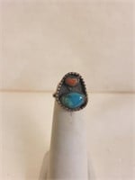 Handmade Sterling Silver Turquoise & Coral Ring